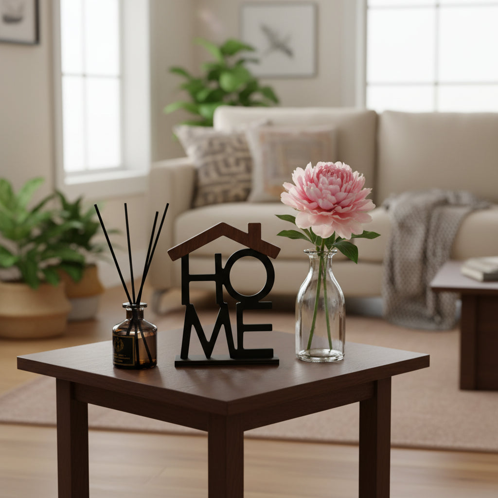 Decorative item with 'HOME' text and a diffuser on a white background