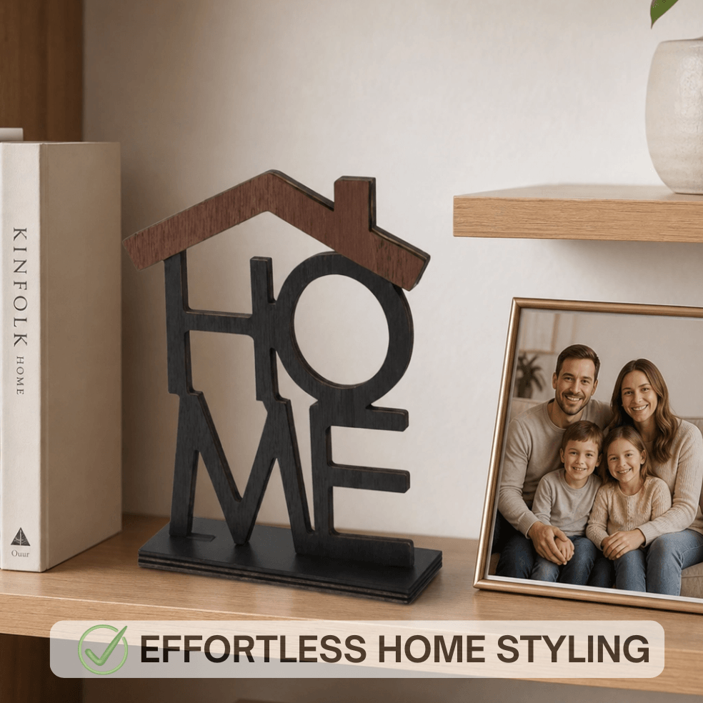 A dark wood decorative tabletop sign shaped like a house with the word HOME cut out in the center, styled on a wooden shelf beside a book and a framed family photo. A banner at the bottom reads 'EFFORTLESS HOME STYLING'.