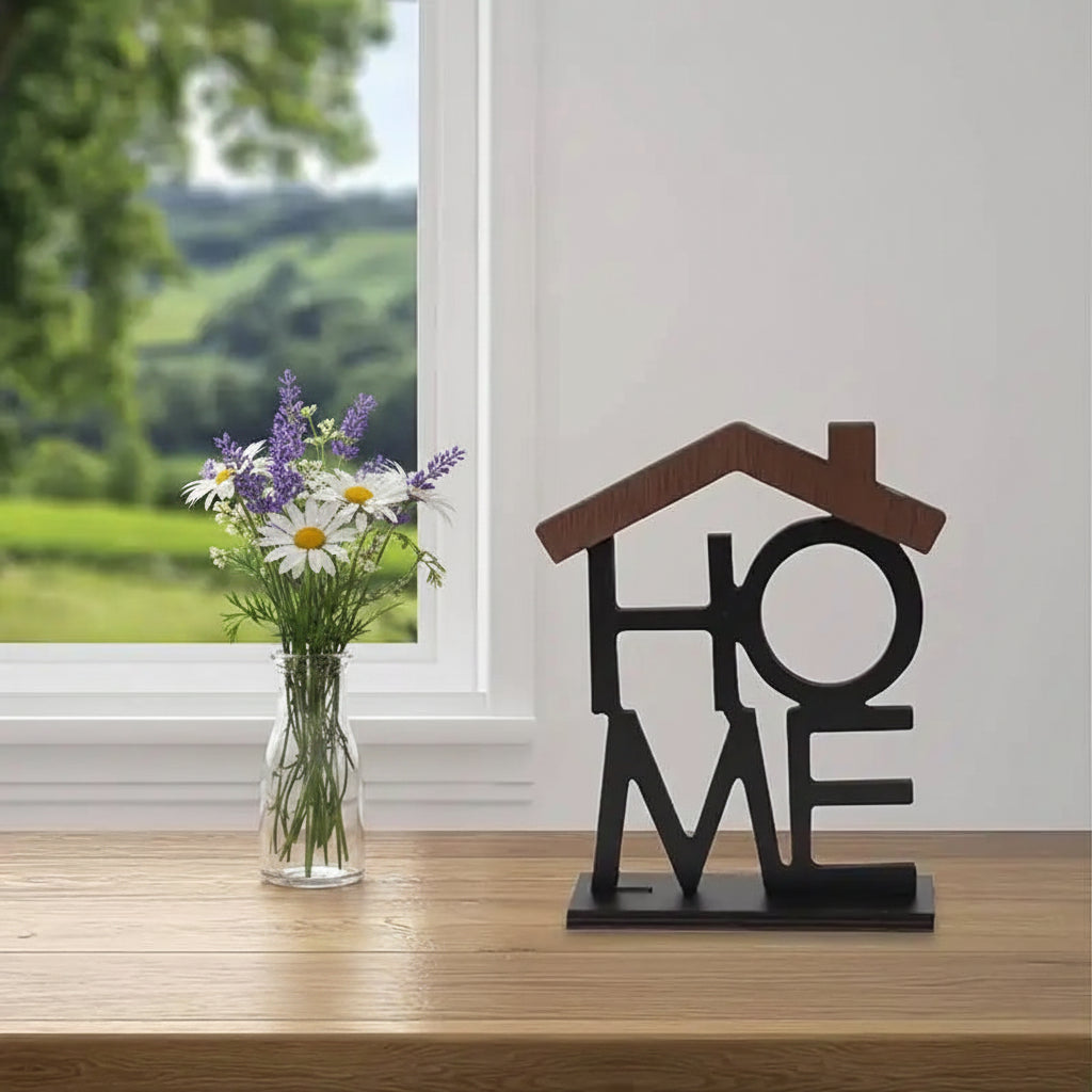 Decorative piece with 'HOME' and house roof on a wooden surface with a window view.