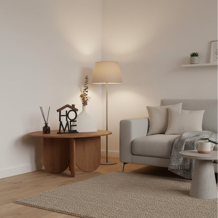 Decorative piece with 'HOME' and house shape on a white surface with a vase and diffuser in the background.