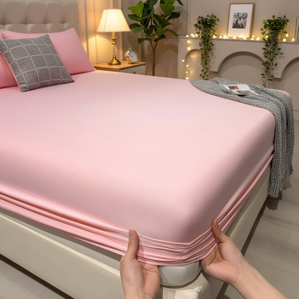 A pink fitted bed sheet pulled taut over a mattress corner by hands, with two matching pink pillows on a bed in a bedroom setting. Large text overlay reads 'Only bedsheet'.